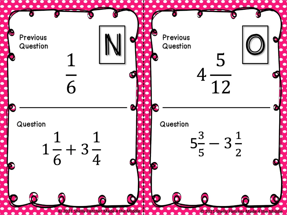 Scavenger hunt cards N and O: solve 1 1/6 + 3 1/4 and 5 3/5 − 3 1/2; previous answers are 1/6 and 4 5/12