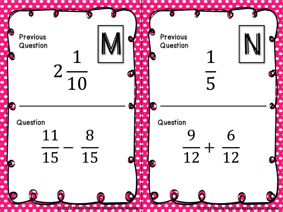 Scavenger hunt cards M and N: solve 11/15 − 8/15 and 9/12 + 6/12; previous answers are 2 1/10 and 1/5