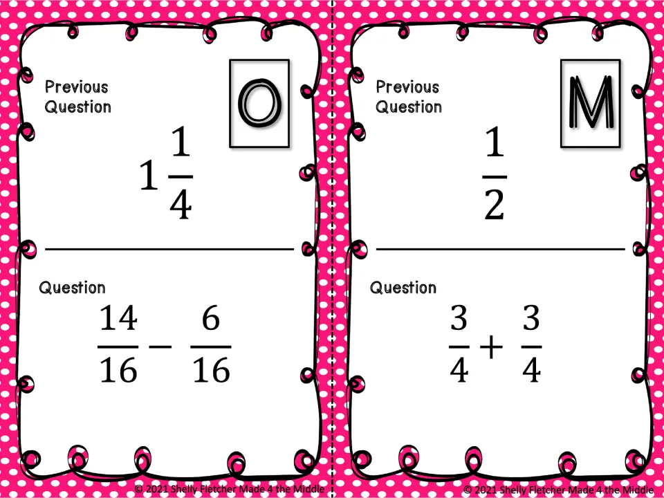 Scavenger hunt cards O and M: solve 14/16 − 6/16 and 3/4 + 3/4; previous answers are 1 1/4 and 1/2
