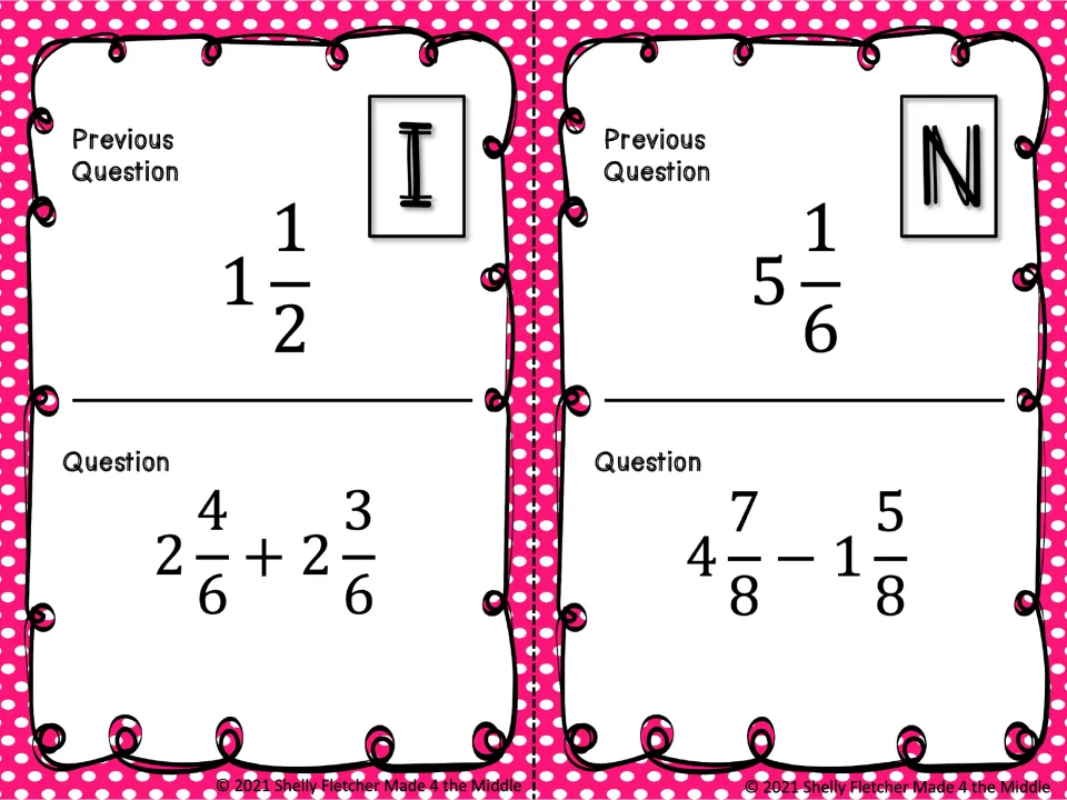 Scavenger hunt cards I and N: solve 2 4/6 + 2 3/6 and 4 7/8 − 1 5/8; previous answers are 1 1/2 and 5 1/6