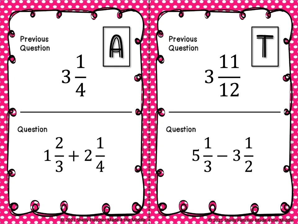 Scavenger hunt cards A and T: solve 1 2/3 + 2 1/4 and 5 1/3 − 3 1/2; previous answers are 3 1/4 and 3 11/12