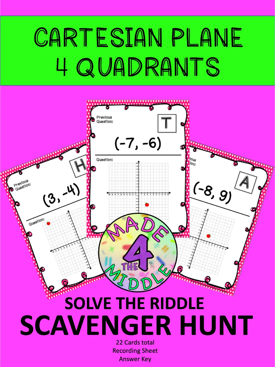 Cartesian plane 4 quadrants solve-the-riddle scavenger hunt cover: 22 cards, a recording sheet and an answer key