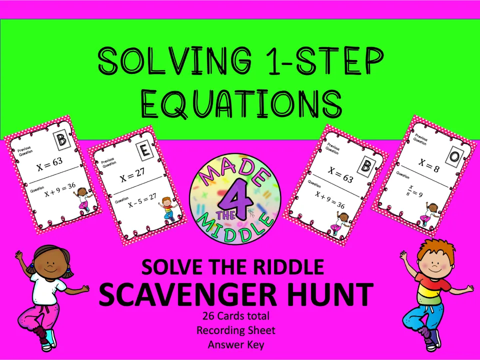 Solving 1-step equations riddle scavenger hunt cover showing sample cards; lists 26 cards, recording sheet and answer key