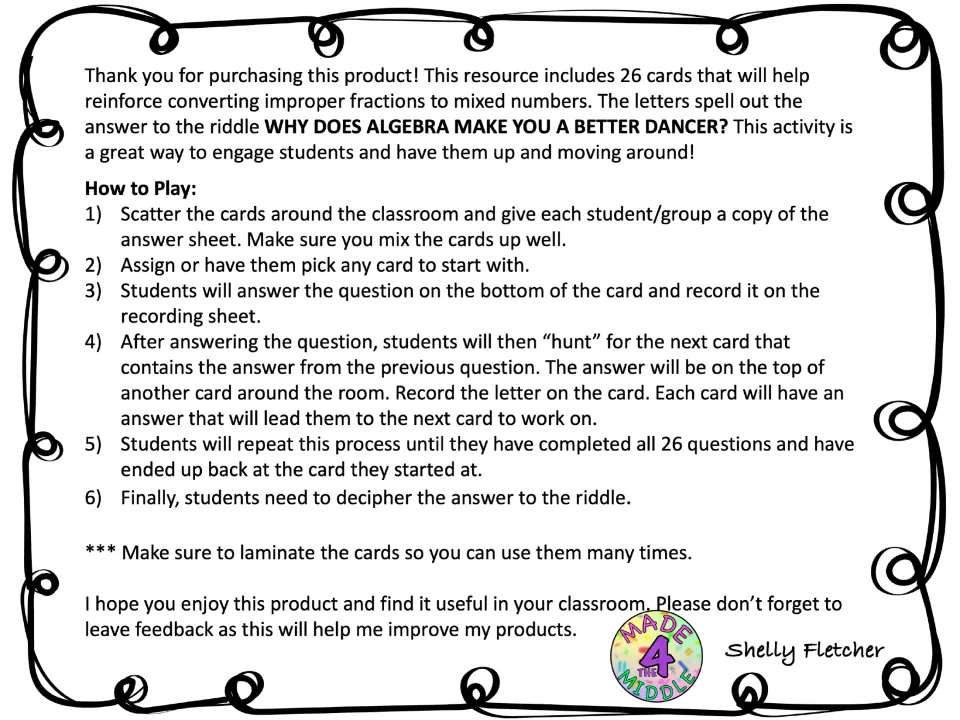 How to Play steps: students solve each card, find the next card showing that answer and record letters to answer a riddle