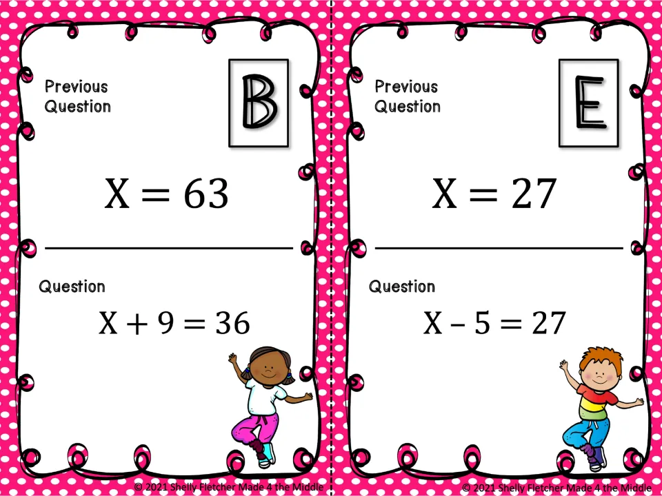 Cards B and E: students solve x + 9 = 36 and x - 5 = 27 by adding or subtracting, then hunt for the card with that answer