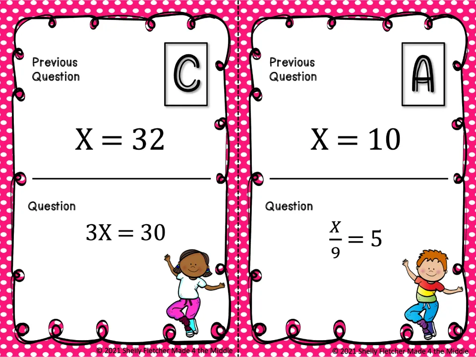 Cards C and A: students solve 3x = 30 by dividing and x/9 = 5 by multiplying, with previous answers x = 32 and x = 10