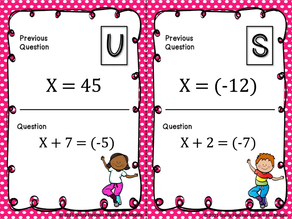 Cards U and S: students solve x + 7 = (-5) and x + 2 = (-7), one-step addition equations with negative answers
