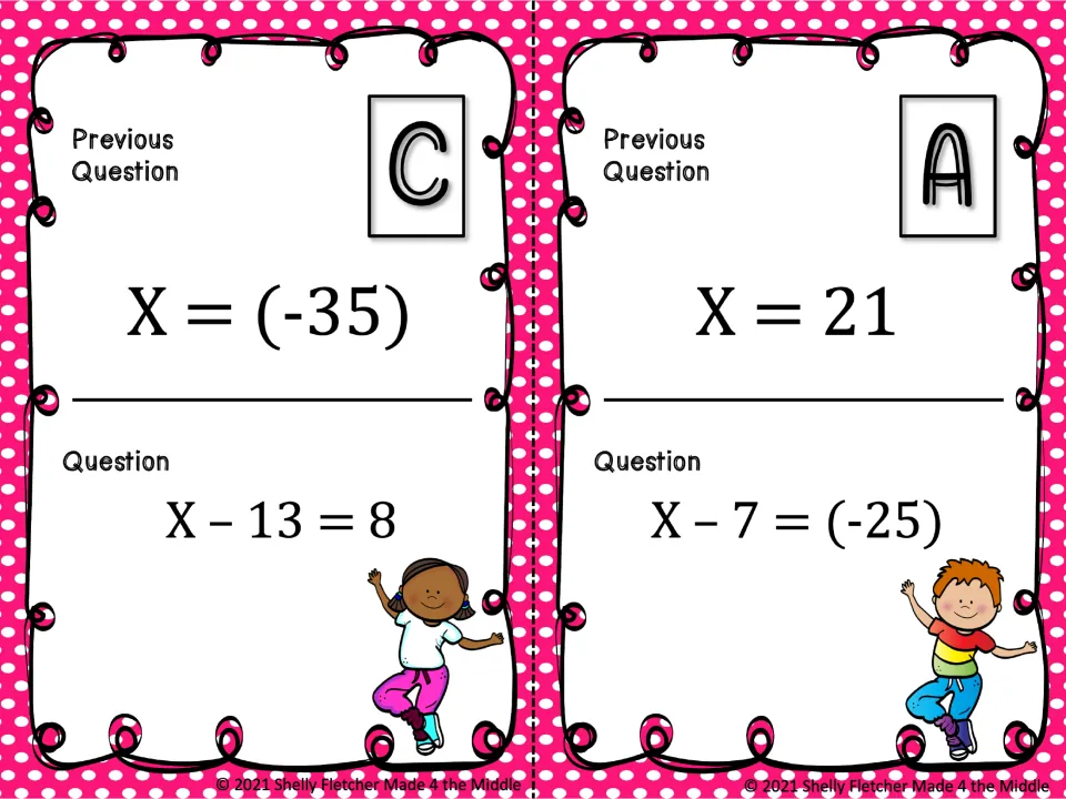Cards C and A: subtraction equations x - 13 = 8 and x - 7 = (-25) solved by adding, with x = (-35) and x = 21 on top