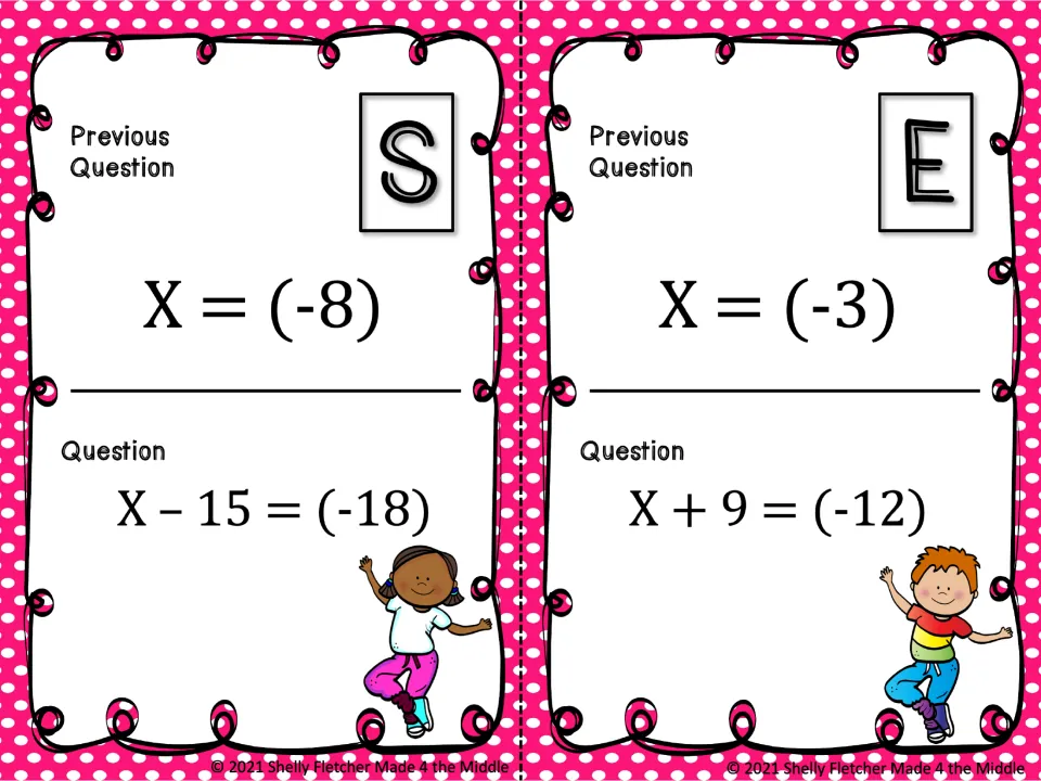 Cards S and E: students solve x - 15 = (-18) and x + 9 = (-12) using integers, with x = (-8) and x = (-3) on the top half