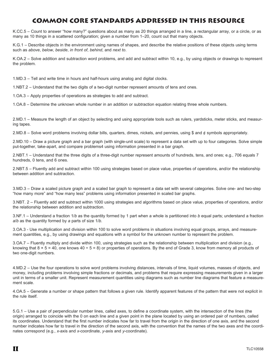 Standards reference lists codes and descriptions for counting, shapes, operations, measurement, and fractions.