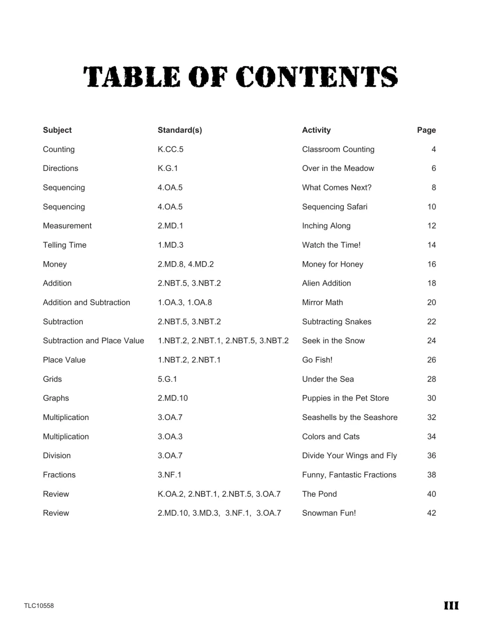 Table of contents lists 20 math activities with subjects, standard codes, and starting pages from 4 to 42.
