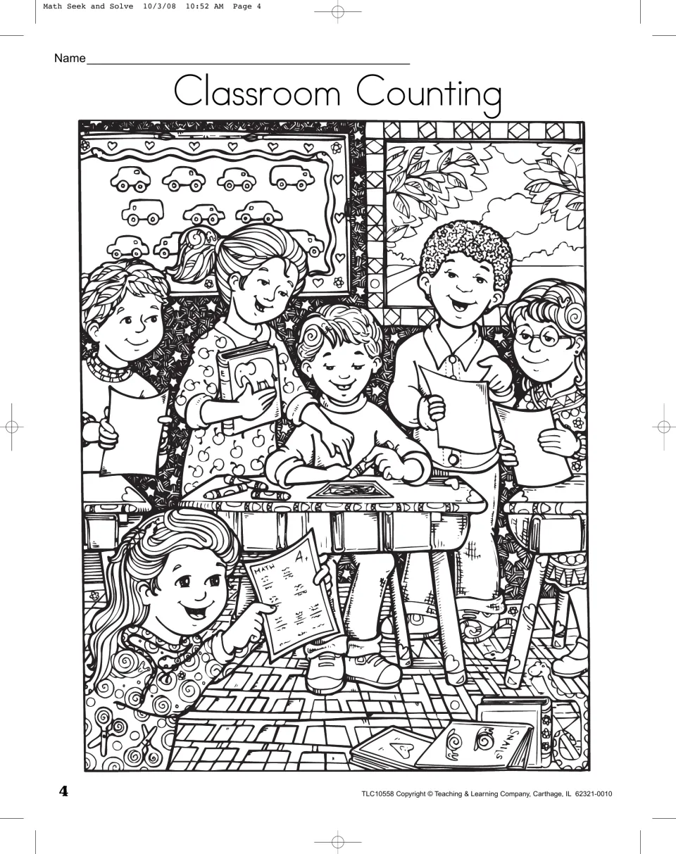 Classroom Counting seek-and-find scene includes children, books, cars, and hidden objects to locate and count.