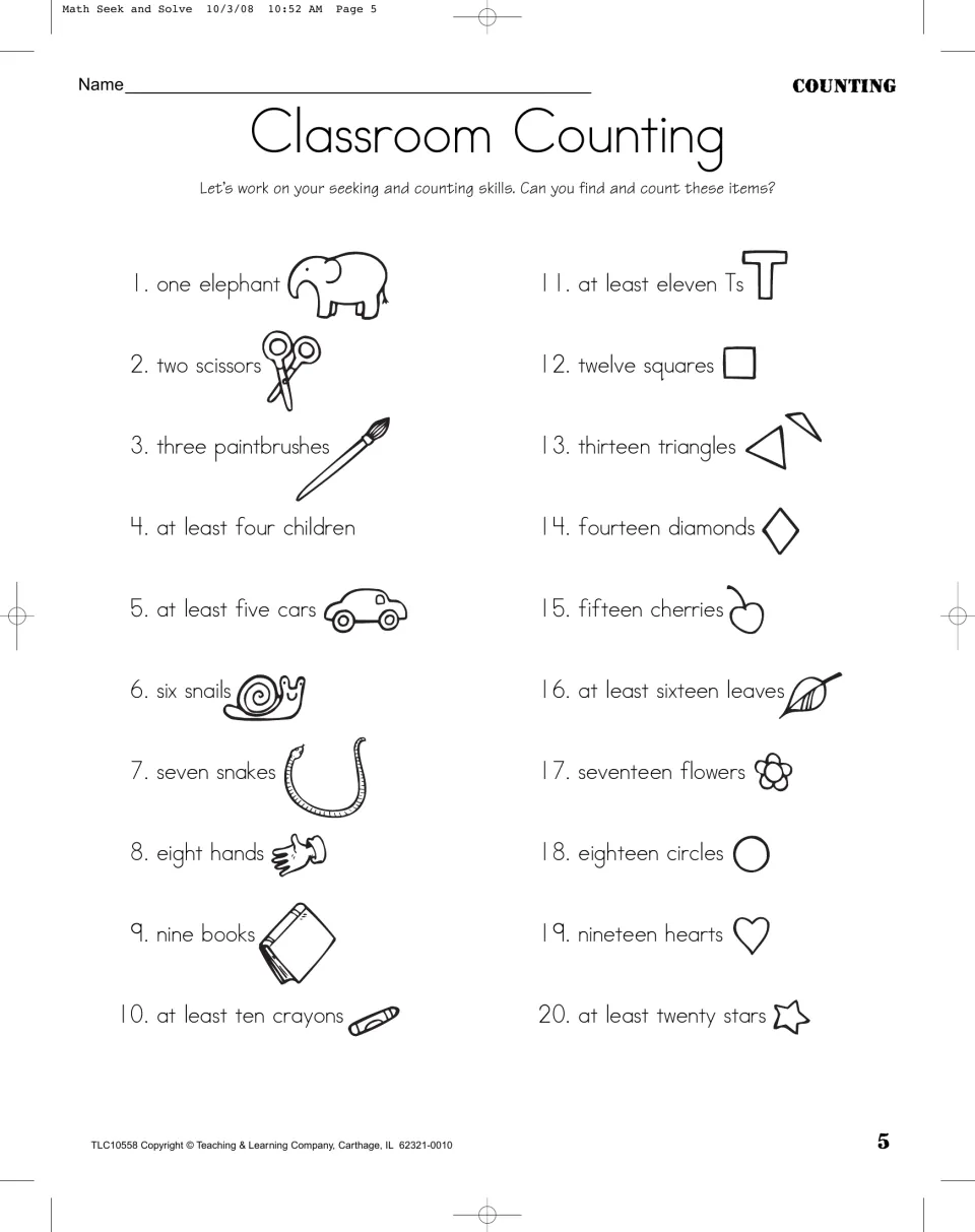 Classroom Counting activity lists 20 search prompts, from one elephant and two scissors to at least twenty stars.