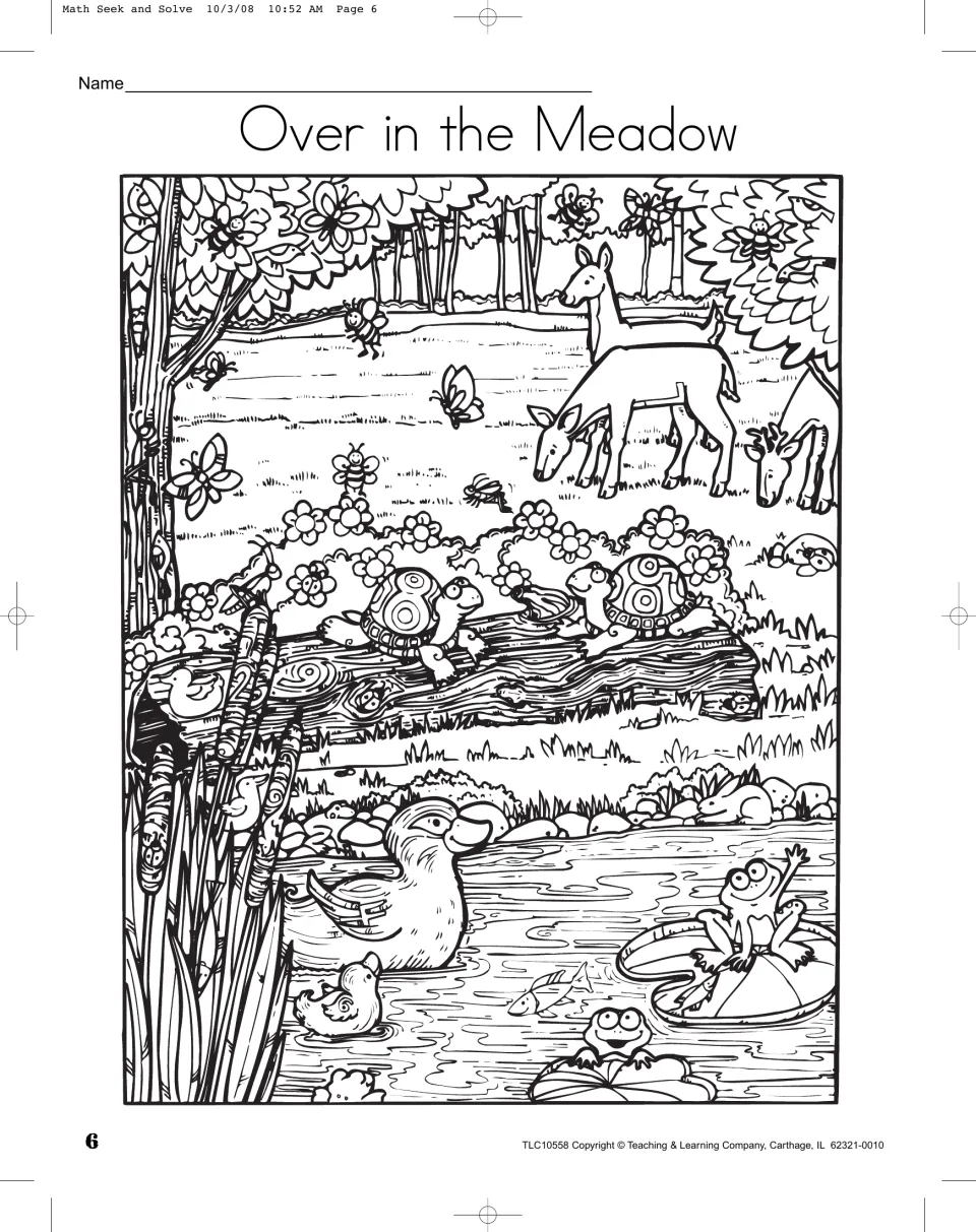 Over in the Meadow seek-and-find scene uses animals near trees, a log, and a pond for positional counting.
