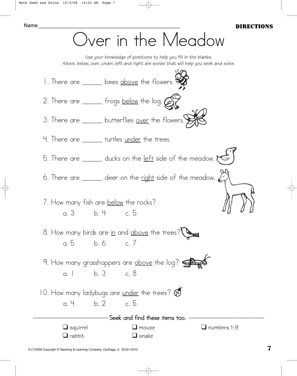 Over in the Meadow activity asks 10 animal-counting questions using above, below, under, left, and right.