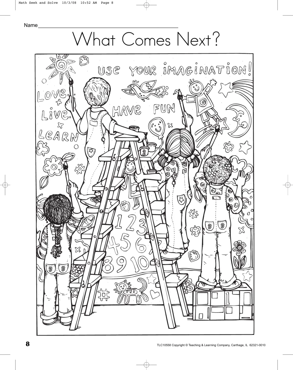 What Comes Next? seek-and-find scene shows children painting letters, numbers, and shapes for sequencing practice.