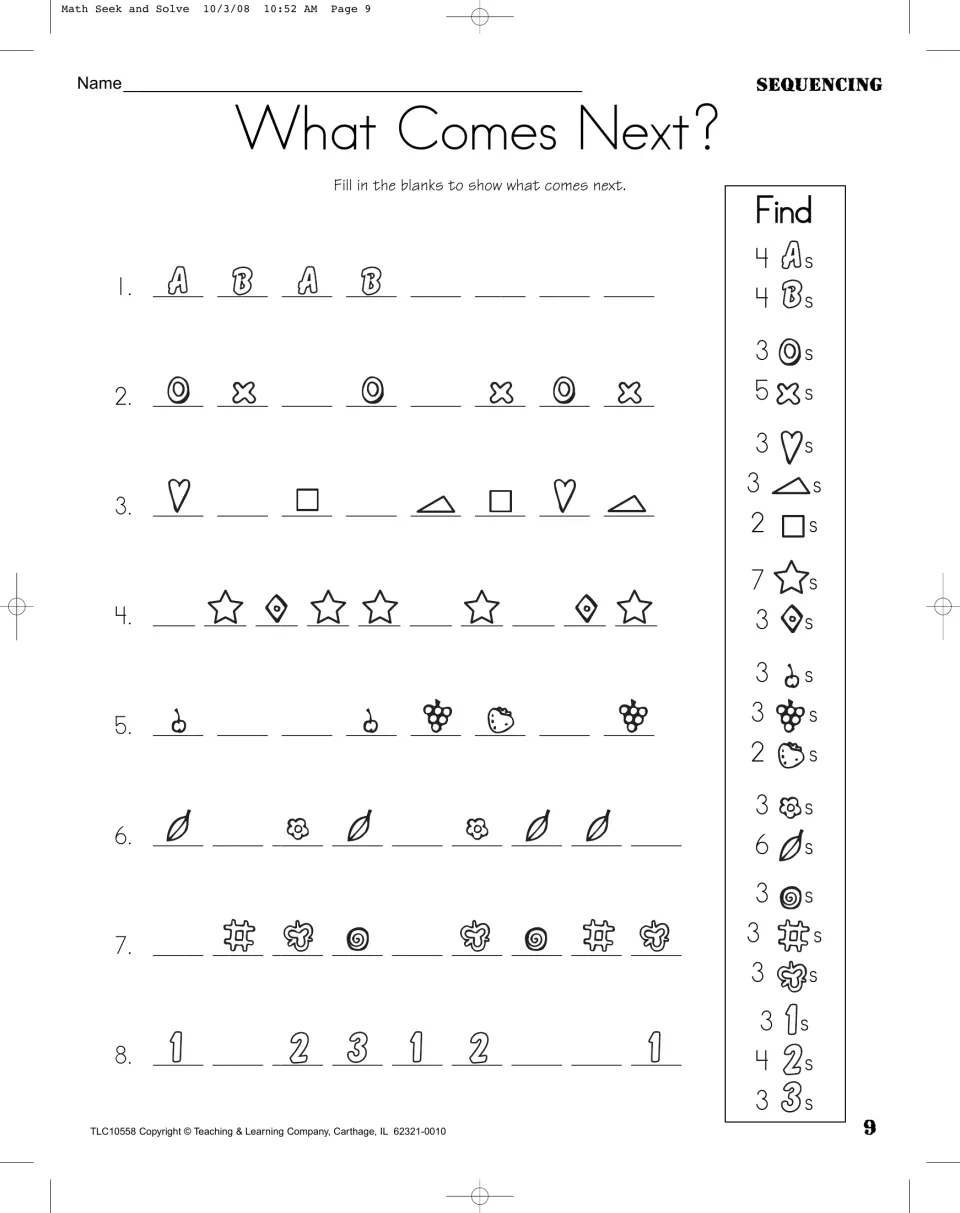What Comes Next? activity has eight patterns to complete using letters, shapes, fruit, leaves, and numbers.