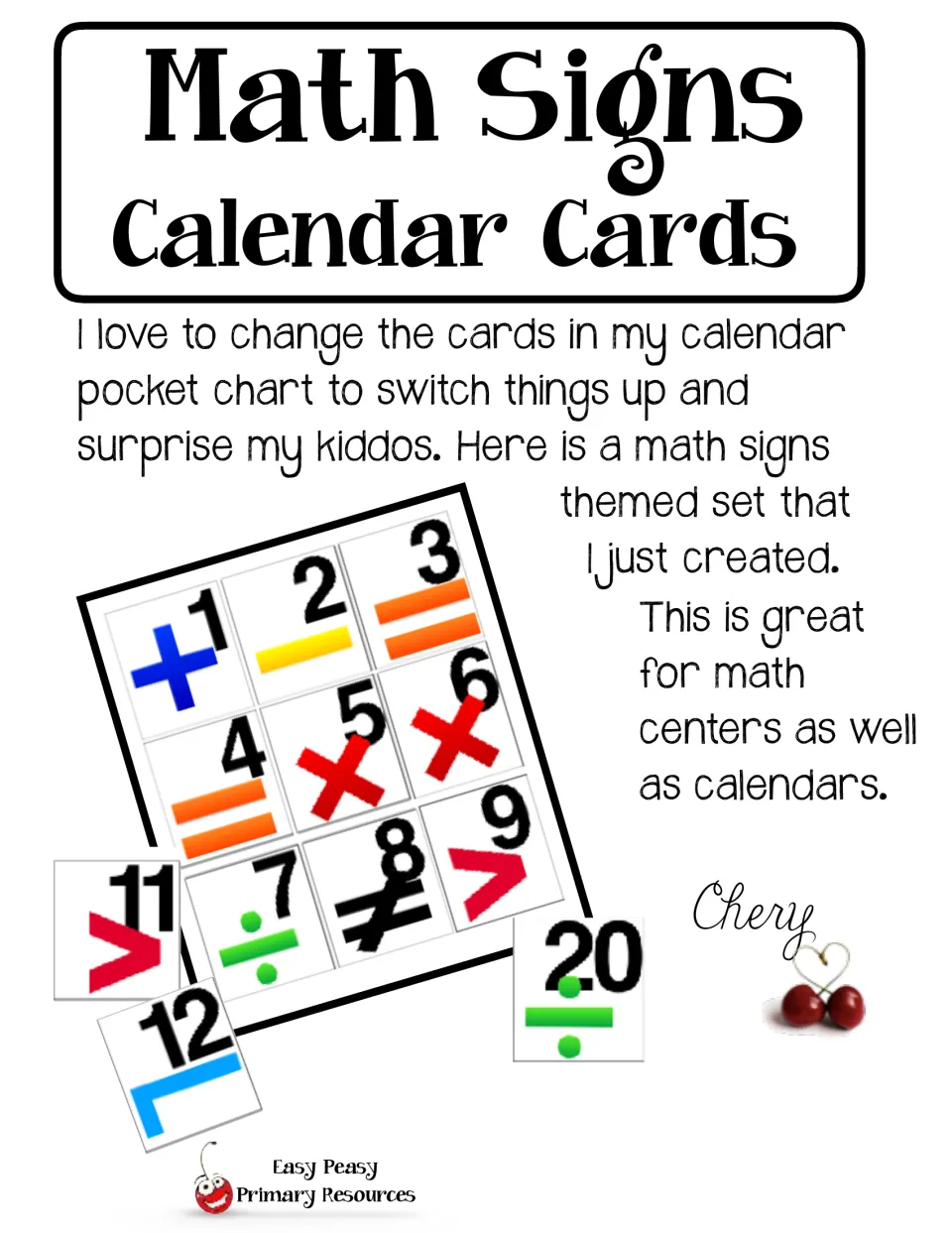 Math Signs Calendar Cards cover introduces numbered math-symbol cards for calendar pocket charts and math centers.