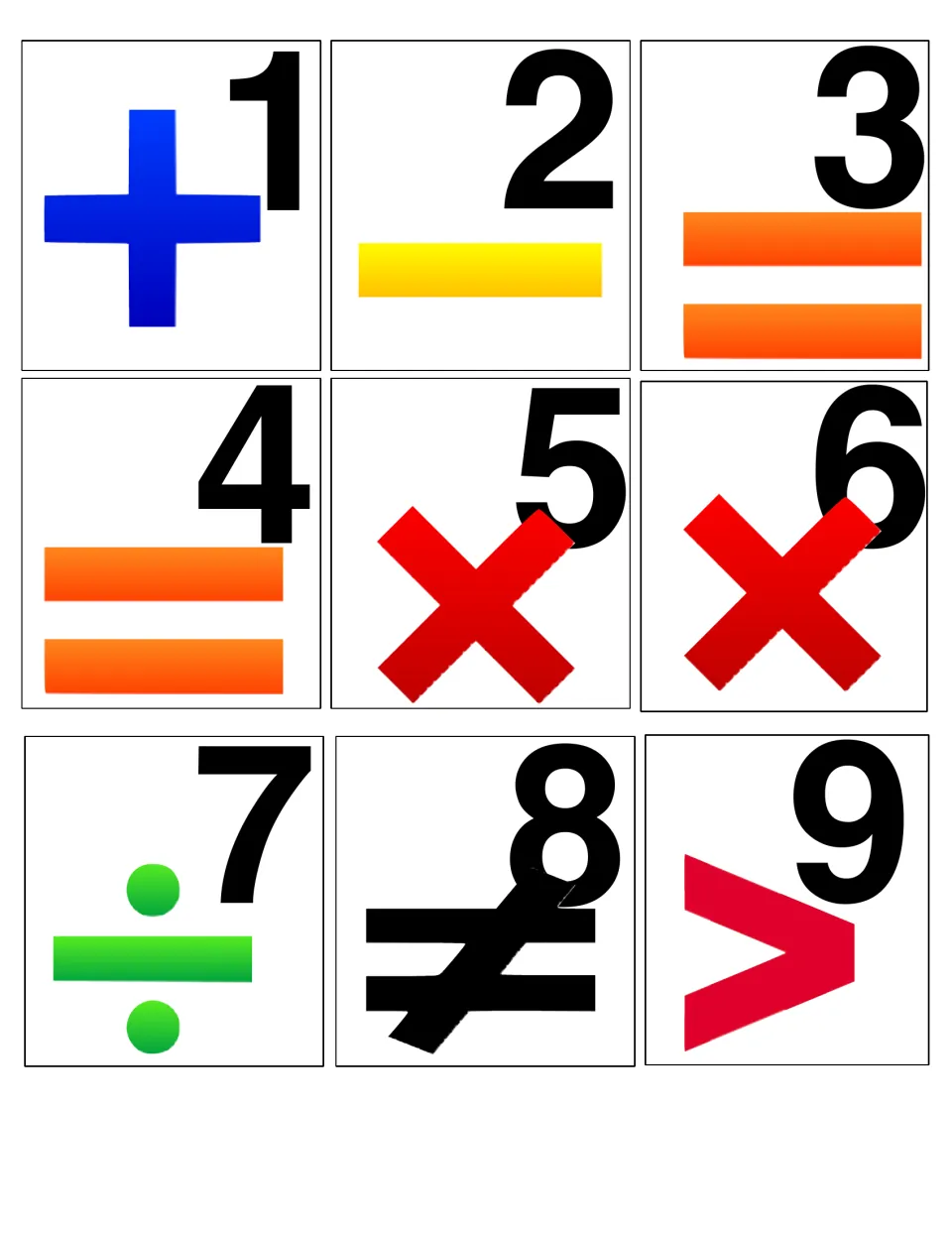 Calendar cards 1–9 pair dates with math signs, including plus, minus, equals, multiplication and division.