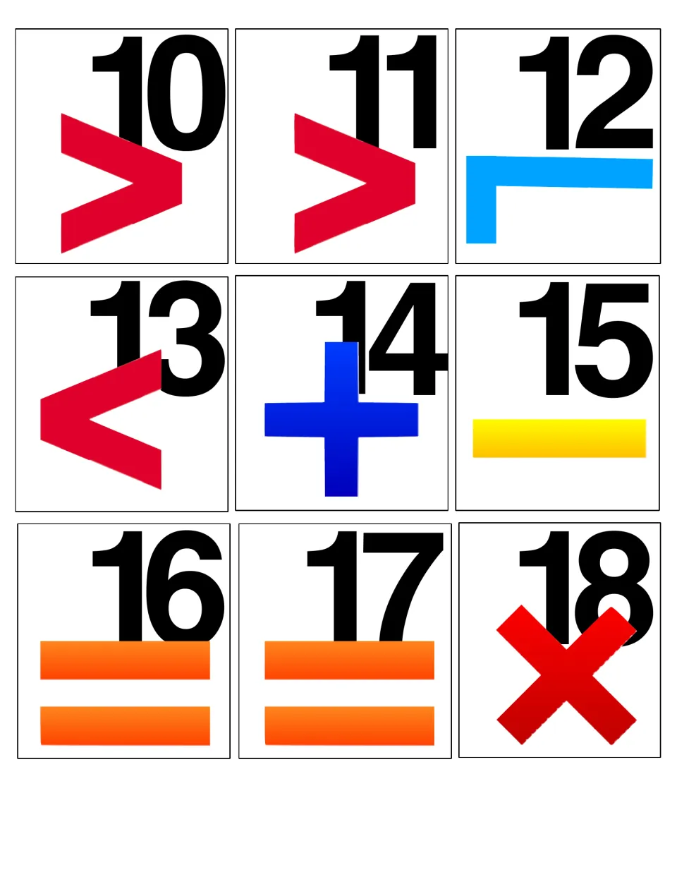 Calendar cards 10–18 pair dates with math signs, including greater than, less than, plus, minus and equals.
