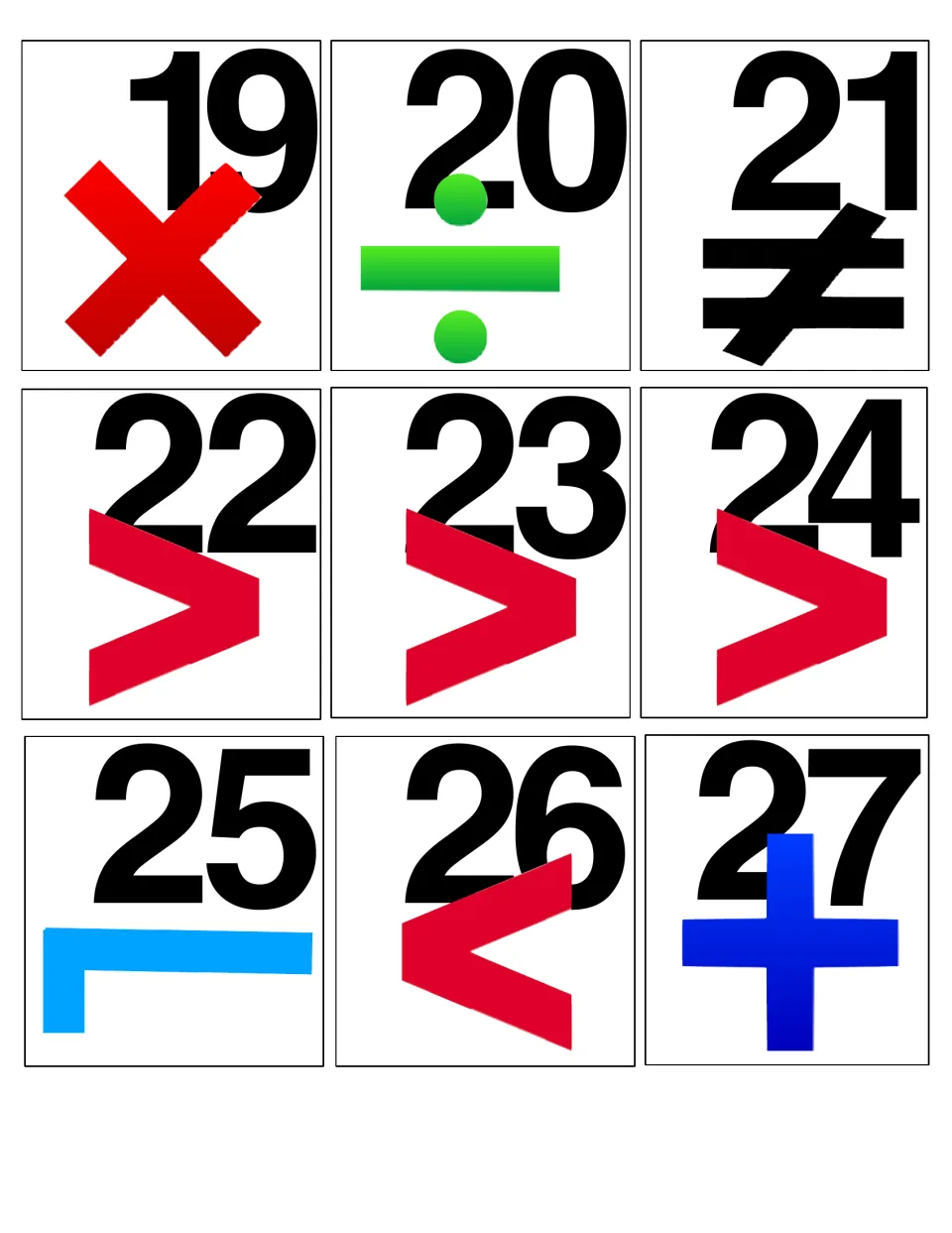 Calendar cards 19–27 pair dates with math signs, including multiplication, division, not equal and greater than.