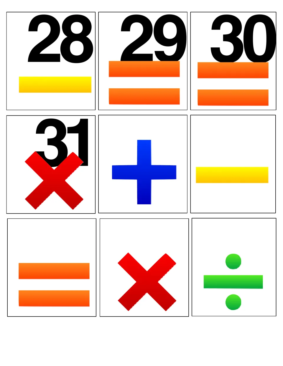 Calendar cards 28–31 and five unnumbered math cards showing plus, minus, equals, multiplication and division.