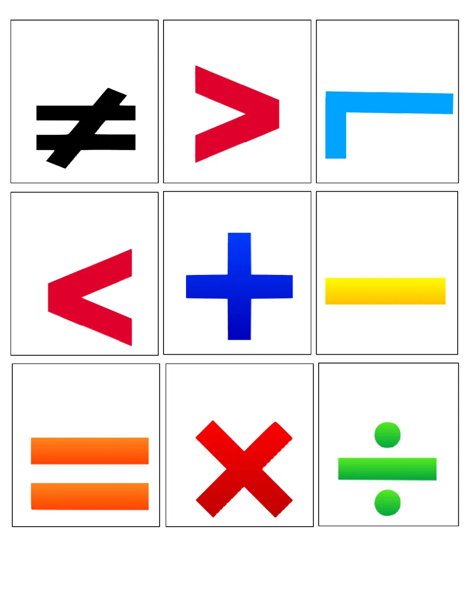 Nine unnumbered cards complete the calendar set, including not equal, greater than, less than and plus.