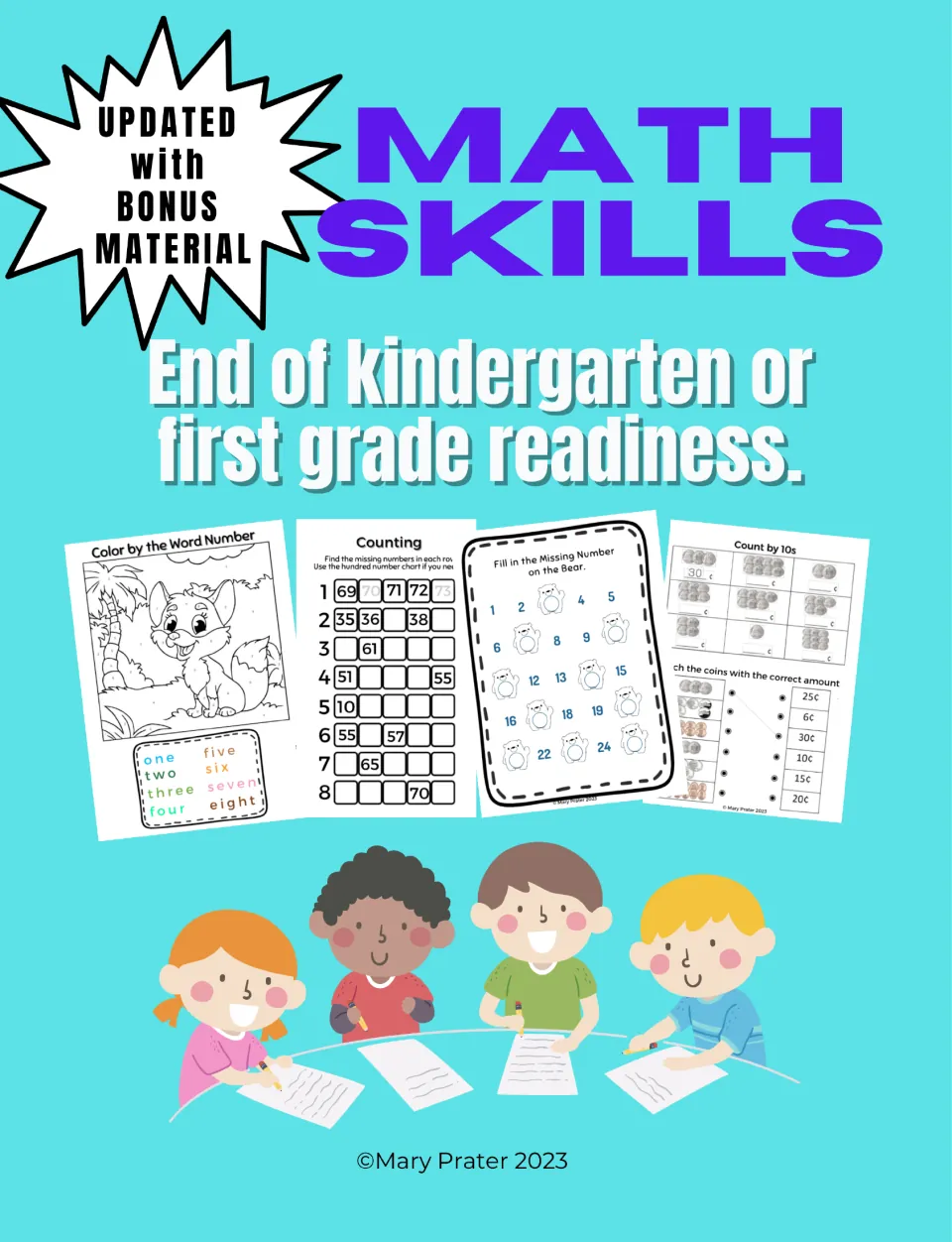 Math review packet cover for end of kindergarten or first grade readiness, showing sample practice pages
