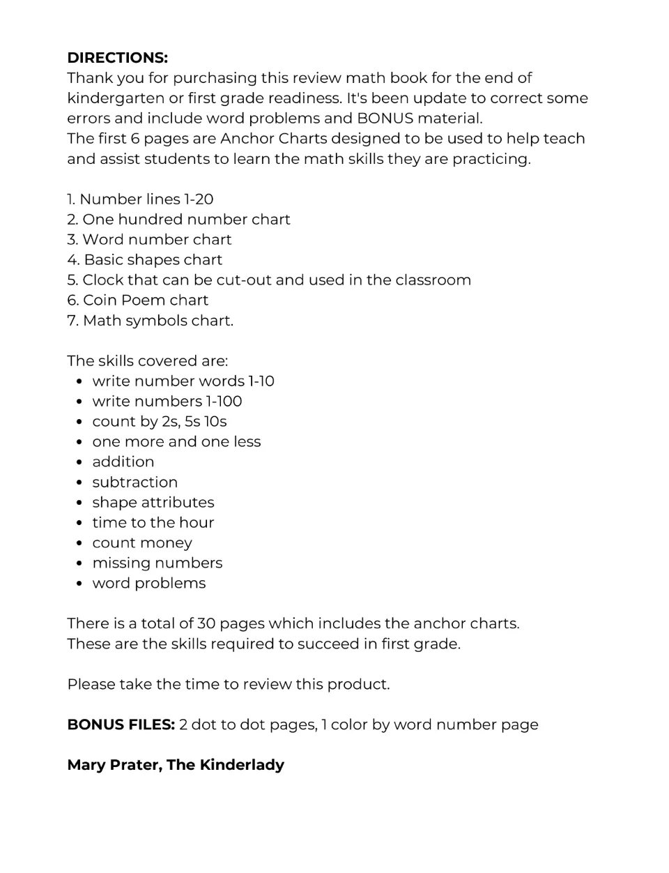 Directions for the math review packet list reference charts, skills covered, and three bonus activities