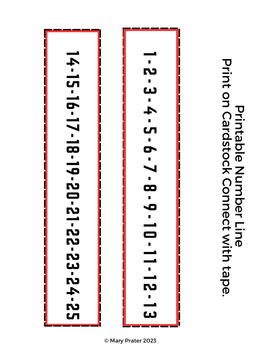 Printable number line reference from 1 to 25, with directions to print on cardstock and connect with tape