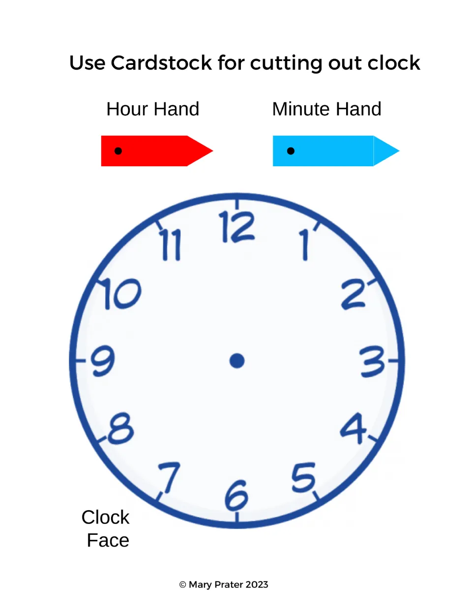 Cut-out clock reference includes a face numbered 1–12 and labeled hour and minute hands to print on cardstock