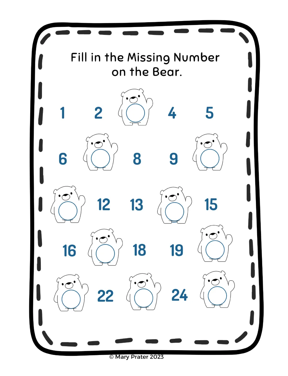 Missing-number practice asks students to complete the sequence from 1 to 25 by writing numbers on bears