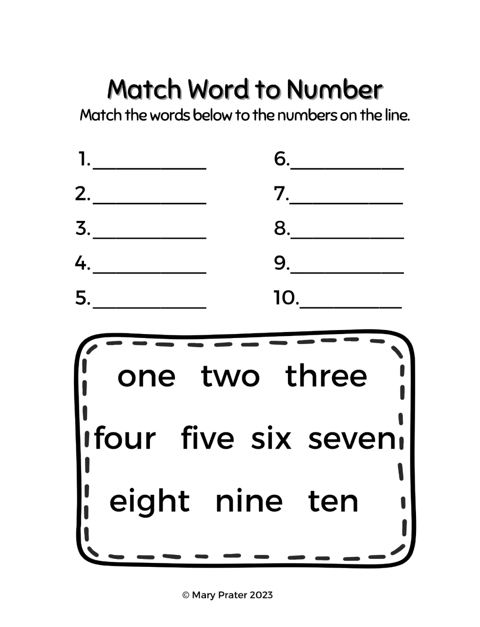 Match Word to Number practice asks students to write words one through ten beside the matching numerals