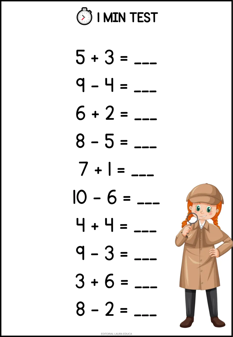 1 Min Test: students solve 10 mixed addition and subtraction facts within 10, such as 5 + 3 and 10 − 6, against the clock