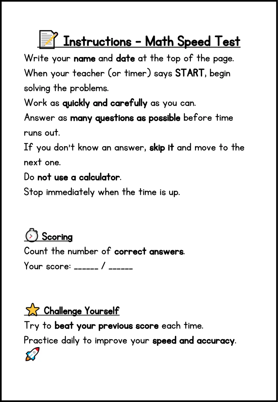 Speed test instructions: start on the signal, skip unknown facts, no calculator, count correct answers and record a score