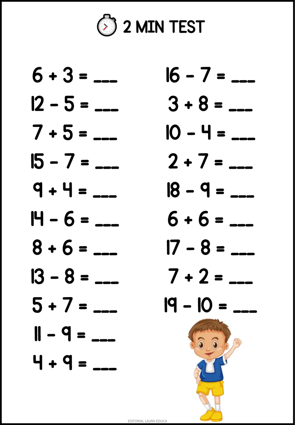 2 Min Test: students answer 20 addition and subtraction facts with numbers up to 19, such as 12 − 5 and 9 + 4