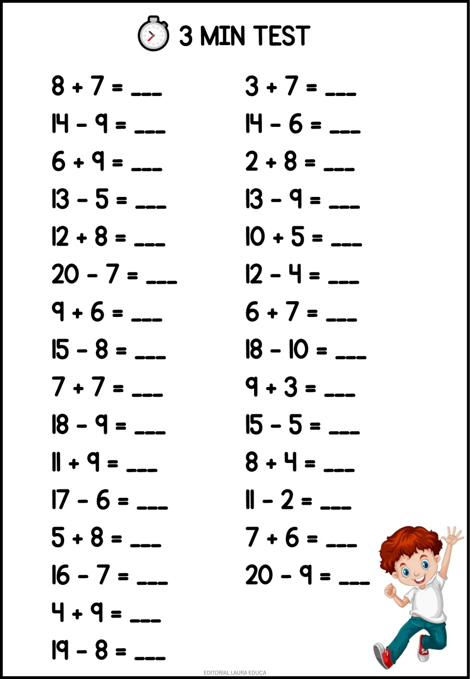 3 Min Test: students complete 30 addition and subtraction facts up to 20, from 8 + 7 to 20 − 9, before time is up