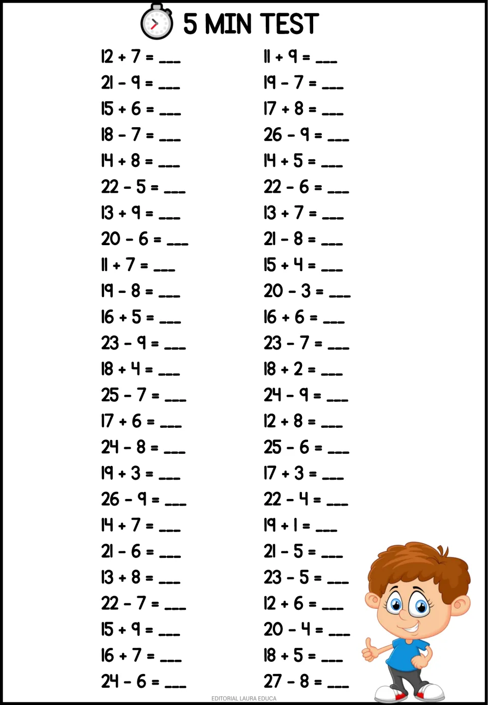 5 Min Test: students solve 50 addition and subtraction facts with numbers up to 27, such as 12 + 7, 21 − 9 and 27 − 8