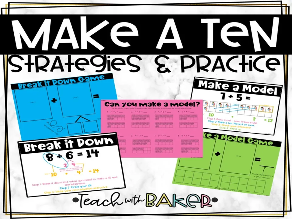 Cover of the make-a-ten addition resource, showing strategy posters, two game mats, and a practice sheet
