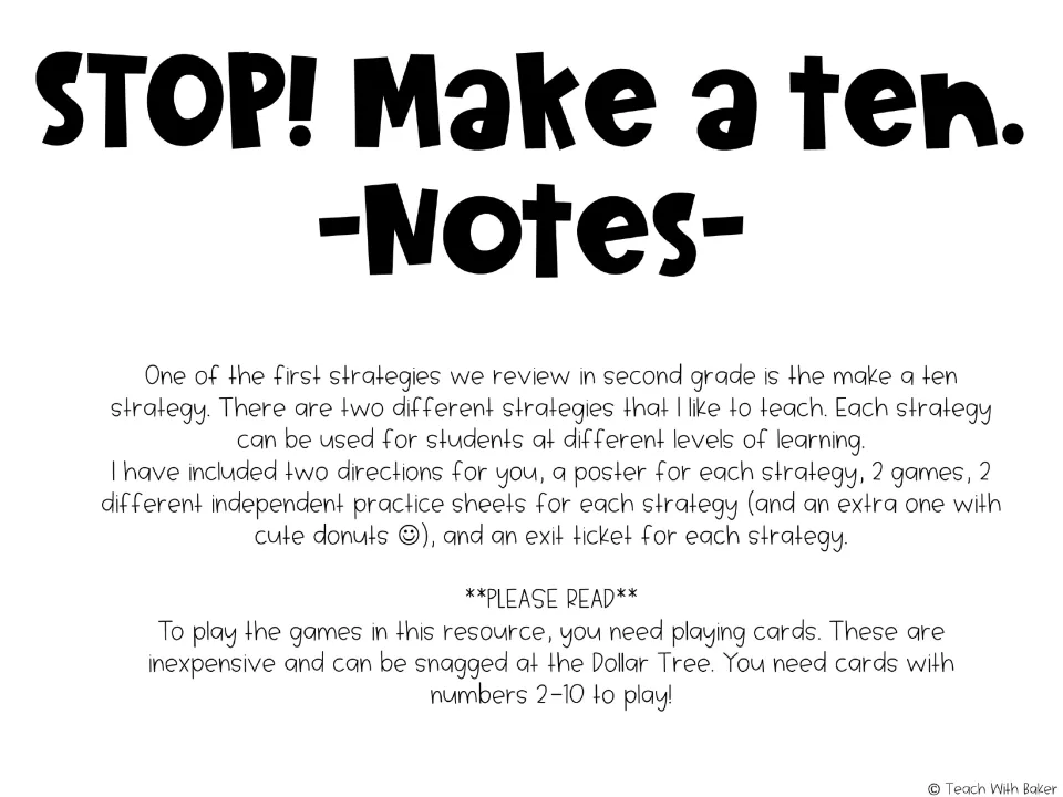 Teacher notes introduce two make-a-ten strategies and list included materials; games need cards numbered 2–10