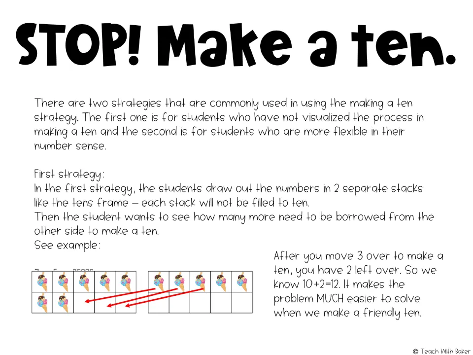 First strategy explanation uses ten frames to show 7 + 5, moving three to make ten and leaving two