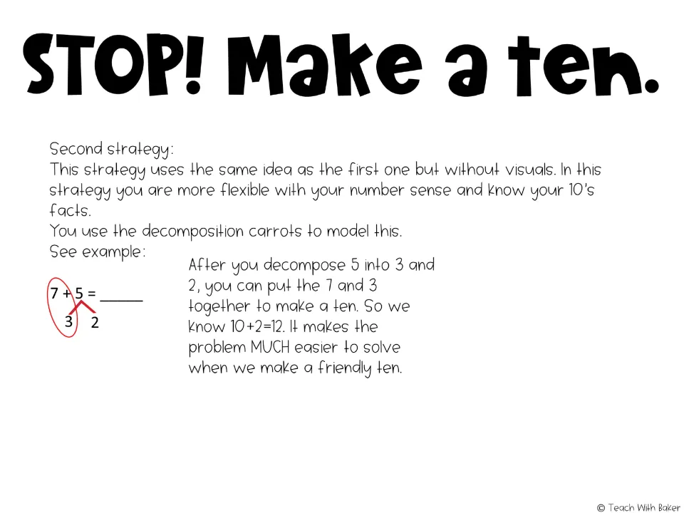 Second strategy explanation breaks 5 into 3 and 2 so students can rewrite 7 + 5 as 10 + 2 and solve