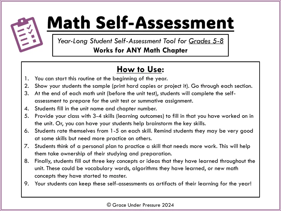 Math self-assessment teacher directions: nine steps for students to rate unit skills 1-5, plan practice and list key ideas