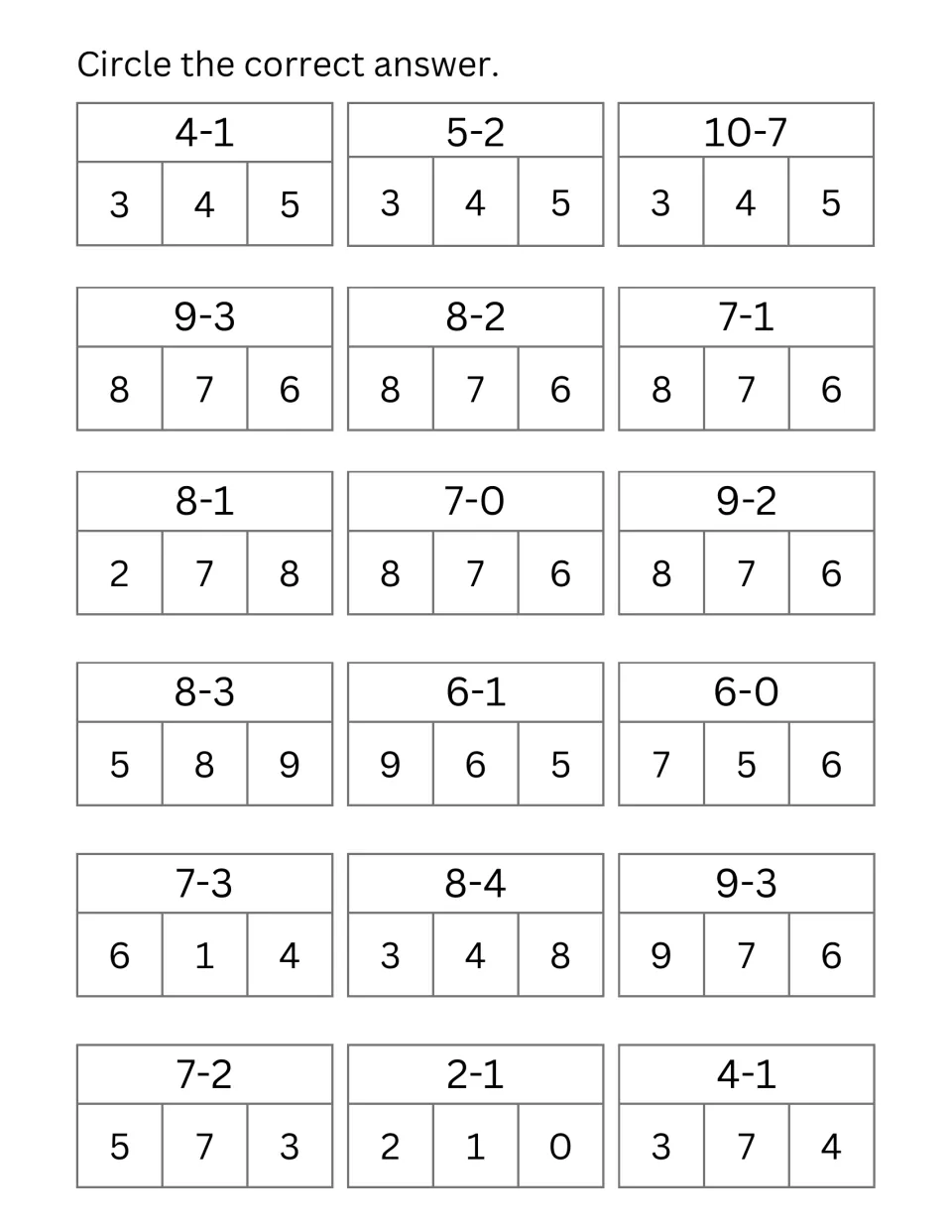 Subtraction within 10: students circle the correct difference from three choices for 18 facts such as 4-1, 9-3 and 10-7