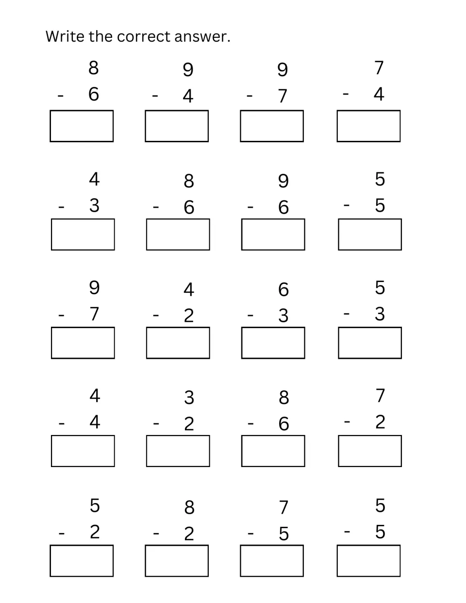 Vertical subtraction facts within 9: students write the difference for 20 problems like 8-6, 9-4 and 5-5