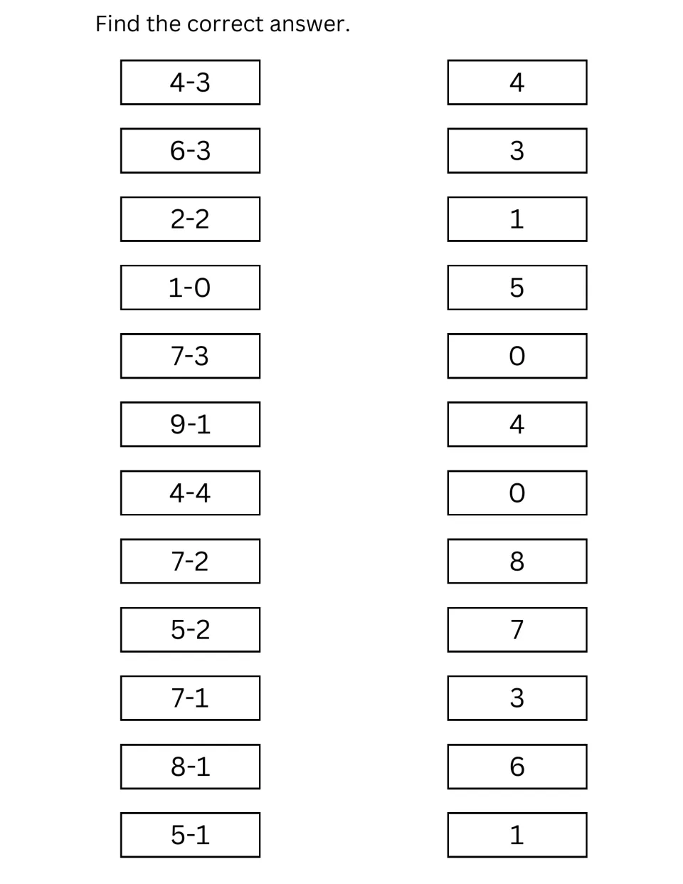 Subtraction facts matching: students find the answer to 12 facts such as 4-3, 7-2 and 9-1 among 12 answers from 0 to 8