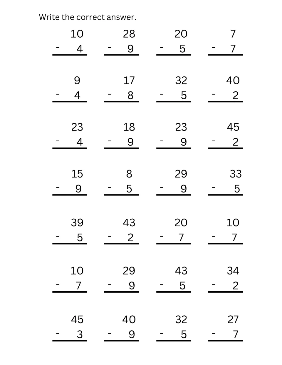 Two-digit minus one-digit subtraction: students solve 28 vertical problems such as 28-9, 17-8, 40-2 and 45-3