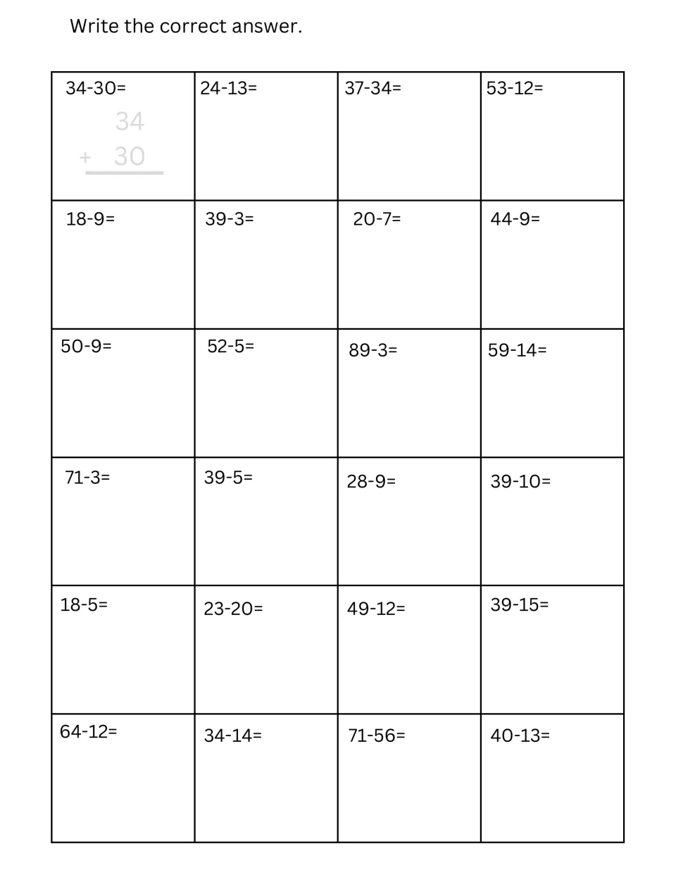Horizontal two-digit subtraction: students rewrite and solve 24 problems such as 53-12, 44-9 and 71-56, first one modeled