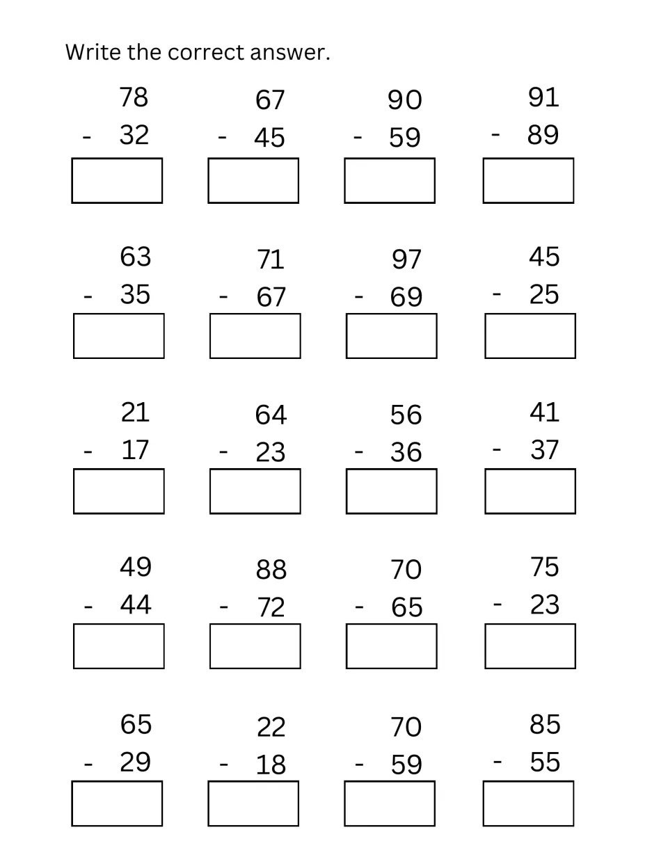 Two-digit minus two-digit subtraction: students write answers for 20 vertical problems such as 78-32, 91-89 and 63-35