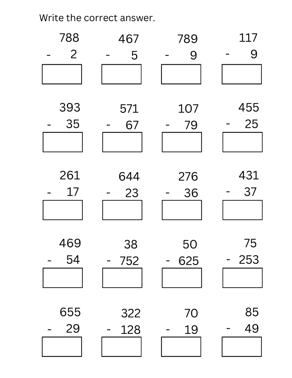 Three-digit subtraction drill: students solve 20 vertical problems such as 788-2, 393-35, 431-37 and 322-128